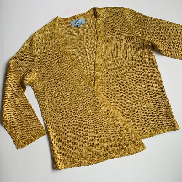 Joan Vass Sweaters - JOAN VASS Open Knit 3/4 Sleeve Cardigan Gold Metallic Size Small